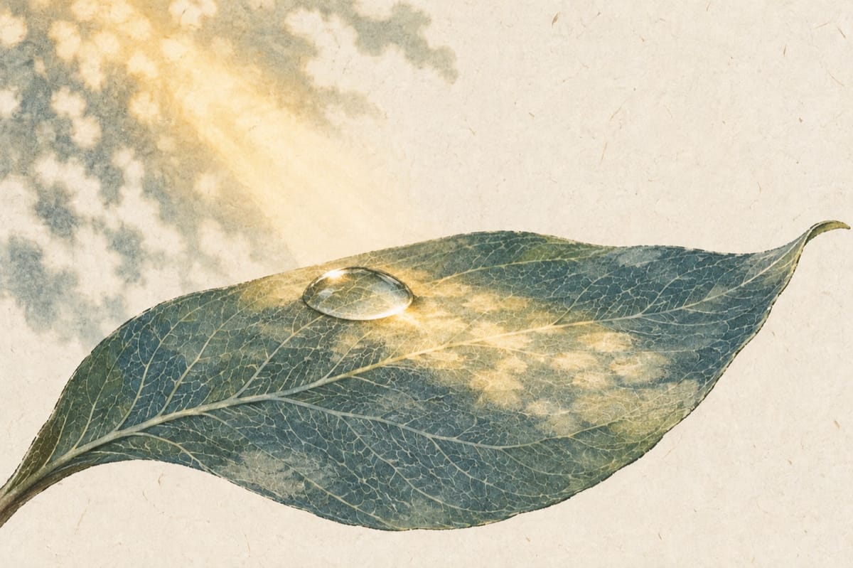 A flattened dew droplet rests on a blue-green leaf, catching warm sunlight above the leaf’s visible veins.