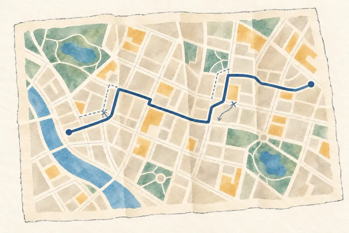 A watercolor neighborhood map with a blue route, faint alternate paths, and pencil revisions among muted green parks and ochre blocks.