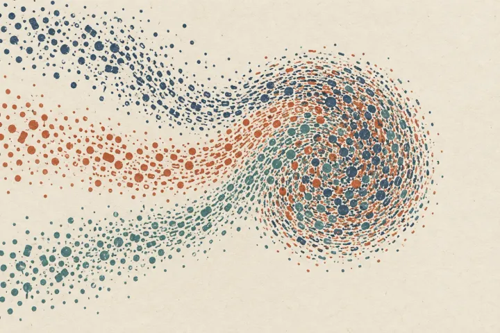 Indigo, terracotta, and teal ink marks converge into a woven circular pattern on textured ivory paper.