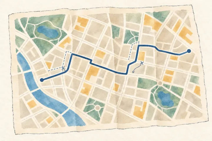 A watercolor neighborhood map with a blue route, faint alternate paths, and pencil revisions among muted green parks and ochre blocks.